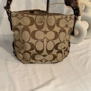 Coach Beige Khaki Shoulder Bag with Signature Monogram